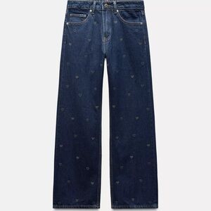 Zara Mid Waist TRF Wide Leg Dark Blue Denim with Crystal Hearts
